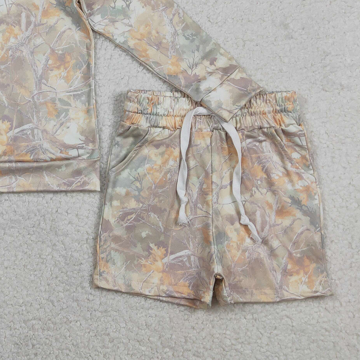 RTS GLS0058 Baby Girls Southern Leaves Camo Long Sleeve Top Pockets Shorts Clothes Sets
