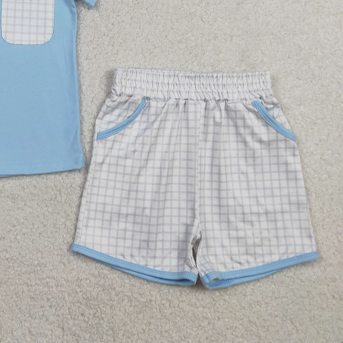 RTS BSSO1762 Baby Boys Blue Short Sleeve Shirts Top Checked Pockets Shorts Clothes Sets