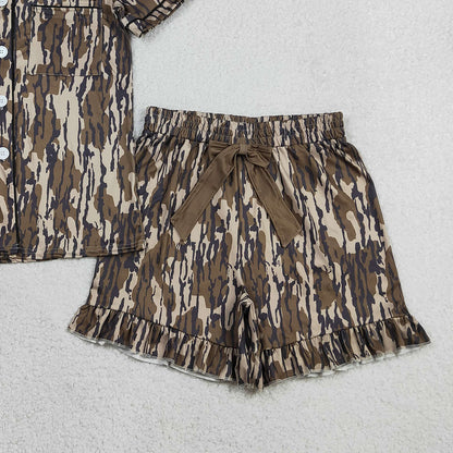 RTS GSSO3136 Adult Women Southern Olive Camo Button Pocket Top Ruffle Shorts Pajamas Set