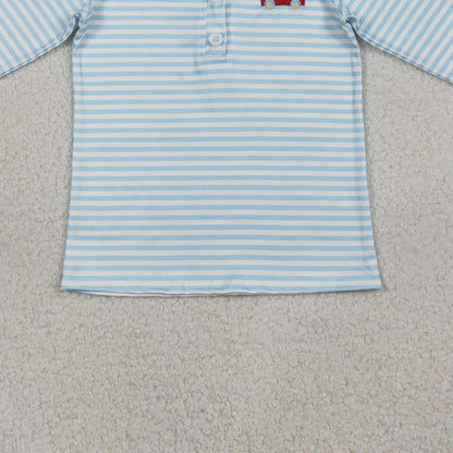 RTS BT1573 Embroidery Heart Trucks Baby Boys Blue Stripe Valentines Button Polo Shirts Top
