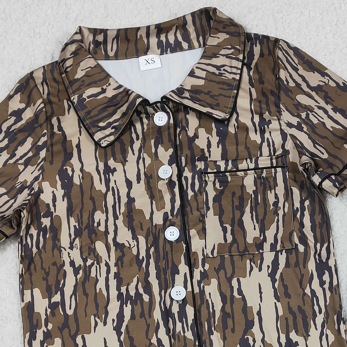 RTS GSSO3136 Adult Women Southern Olive Camo Button Pocket Top Ruffle Shorts Pajamas Set