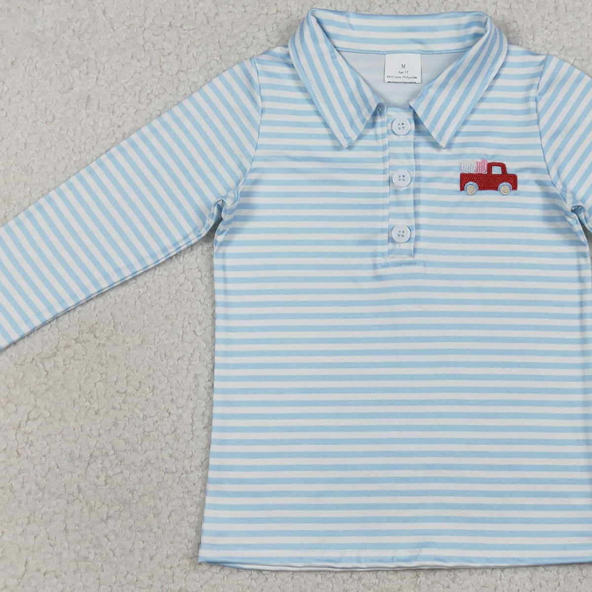 RTS BT1573 Embroidery Heart Trucks Baby Boys Blue Stripe Valentines Button Polo Shirts Top