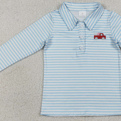RTS BT1573 Embroidery Heart Trucks Baby Boys Blue Stripe Valentines Button Polo Shirts Top
