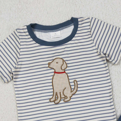 RTS BSSO1745 Embroidery Dogs Baby Boys Stripe Top Shorts Hunting Clothes Sets