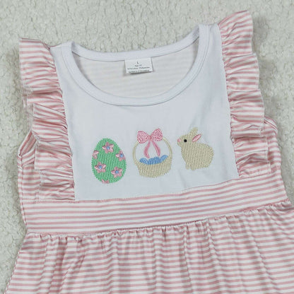 RTS GSD2957 Embroidery Rabbit Eggs Baby Girls Pink Stripe Easter Knee Length Dresses