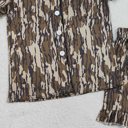 RTS GSSO3136 Adult Women Southern Olive Camo Button Pocket Top Ruffle Shorts Pajamas Set