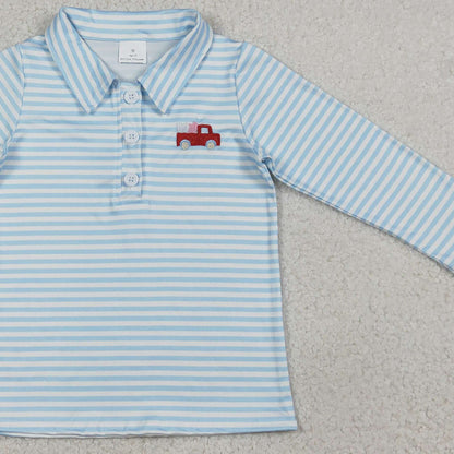 RTS BT1573 Embroidery Heart Trucks Baby Boys Blue Stripe Valentines Button Polo Shirts Top
