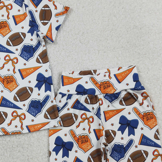 RTS GSSO2722 Baby Girls Blue Orange Bows Footballs Top Shorts Team Pajamas Clothes Sets