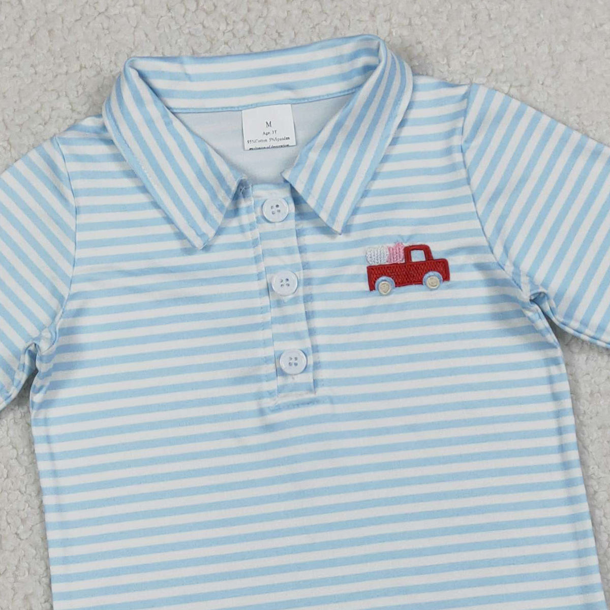 RTS BT1573 Embroidery Heart Trucks Baby Boys Blue Stripe Valentines Button Polo Shirts Top