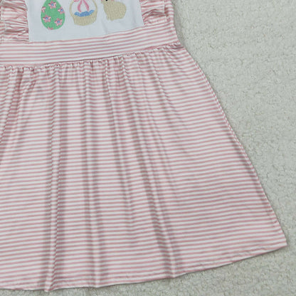 RTS GSD2957 Embroidery Rabbit Eggs Baby Girls Pink Stripe Easter Knee Length Dresses
