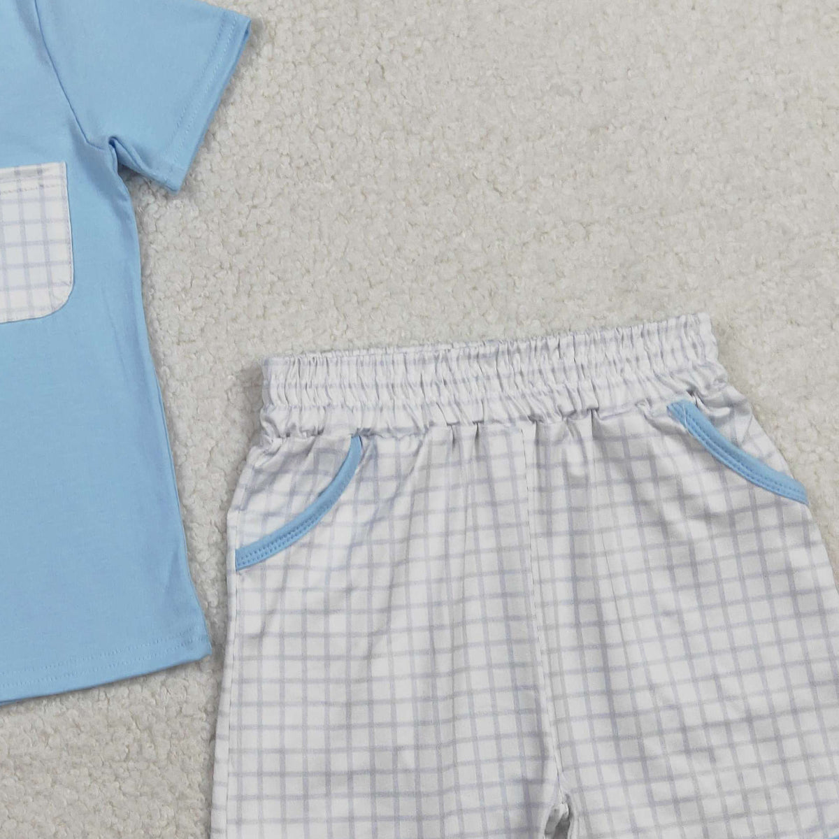 RTS BSSO1762 Baby Boys Blue Short Sleeve Shirts Top Checked Pockets Shorts Clothes Sets