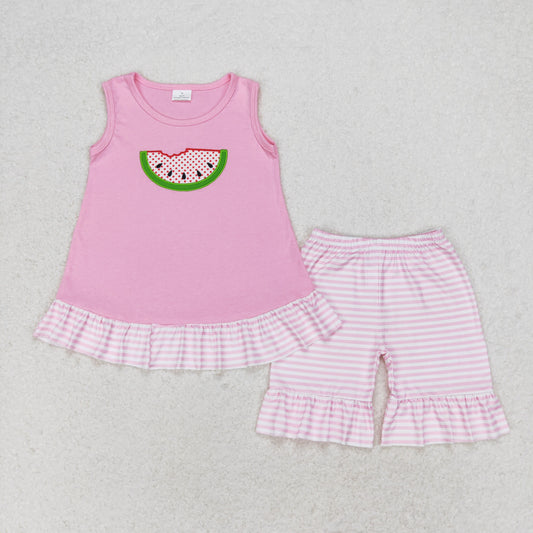 GSSO1239 Embroidered watermelon pink sleeveless striped shorts set