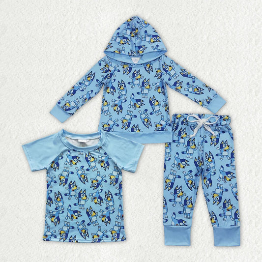 Sibling Baby Boys Hooded Blue Dogs Shirts Hooded Clothes Sets