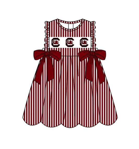 C11.28 Custom Moq 5 Baby Girls Sleeveless Dark Red Stripe C Bulls Bows Team Knee Length Dresses