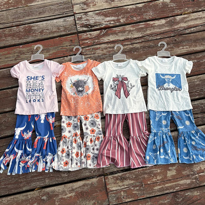 Sibling Baby Girls Western Shirts Top Bell Bottom Pants Outfits