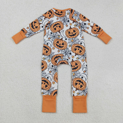 LR2528 Baby Boys Spider Web Pumpkins Halloween Zipper Footie Romper C8.27