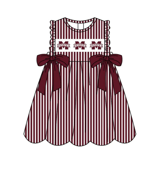 C11.28 Custom Moq 5 Baby Girls Sleeveless Dark Red Stripe M State Bows Team Knee Length Dresses