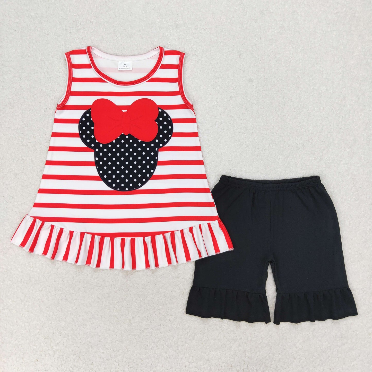 GSSO1022 Girls cartoon mouse bow with red stripes sleeveless black shorts suit