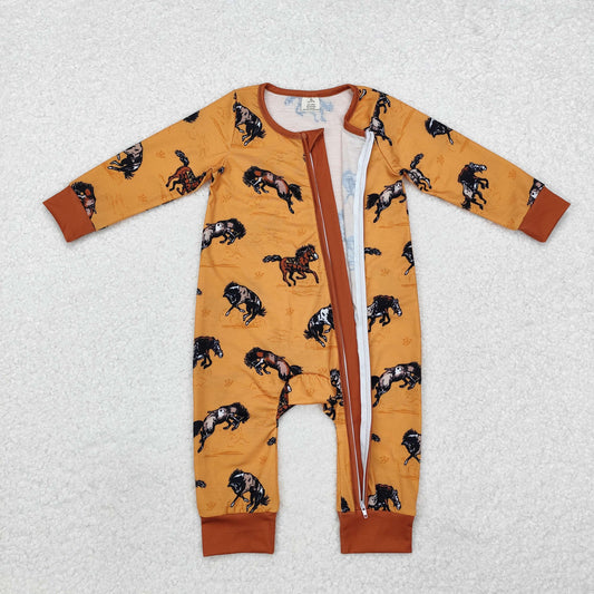 LR1857 Baby Infant Boys Western Horse Zip Bamboo Long Sleeve Romper