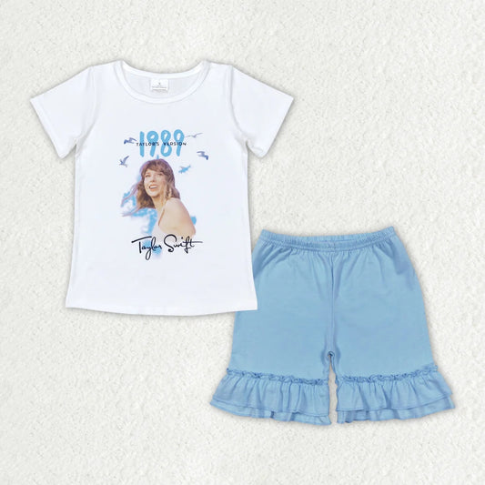 GT0531+SS0183 Baby Girls 1989 Singer White Shirt Ruffle Shorts Clothes Sets