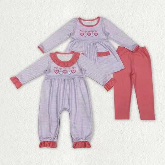 Sibling Baby Girls Embroidery Bows Hearts Stripe Leggings Valentines Clothes Sets Rompers C11.14