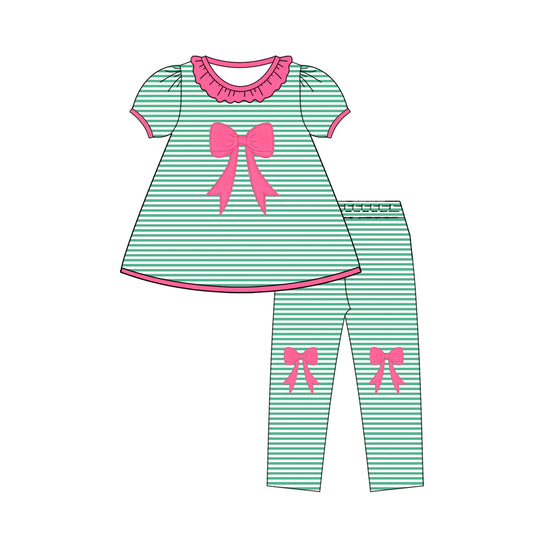 C11.26 Custom Moq 8 Baby Girls Green Stripe Bows Collar Tunic Legging Pants Clothes Sets