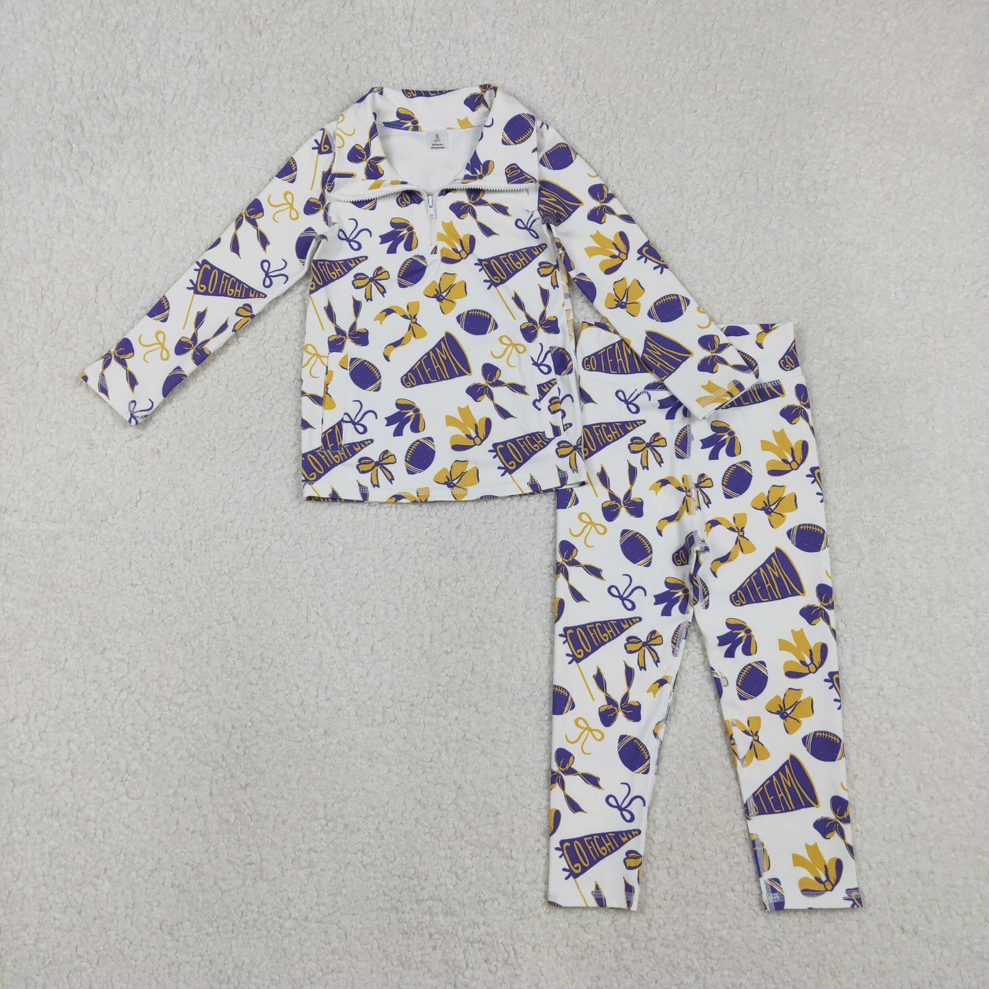 GLP2762 Baby Girls Purple Bows Footballs Go Teams Pockets Zip Pullovers Leggings Team Yoga Set C11.10
