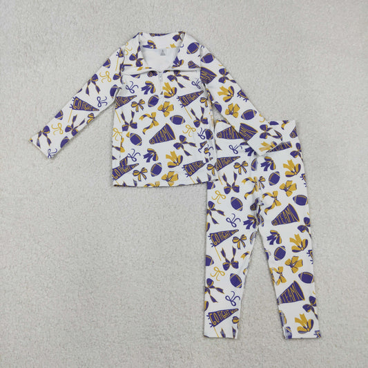 GLP2762 Baby Girls Purple Bows Footballs Go Teams Pockets Zip Pullovers Leggings Team Yoga Set C11.10