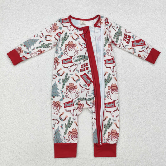 LR1278 Baby Infant Boys Christmas Western Cactus Santa Bamboo Zip Romper