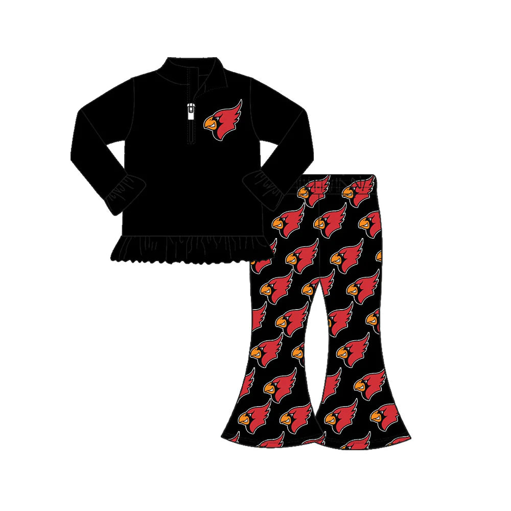 C11.21 Custom Moq 8 Baby Girls Black Livingston Zip Top Bell Pants Clothes Sets