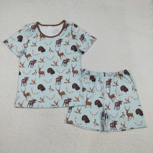 GSSO2711 Adult Women Turkey Deer Ducks Top Shorts Hunting Pajamas Set C11.29