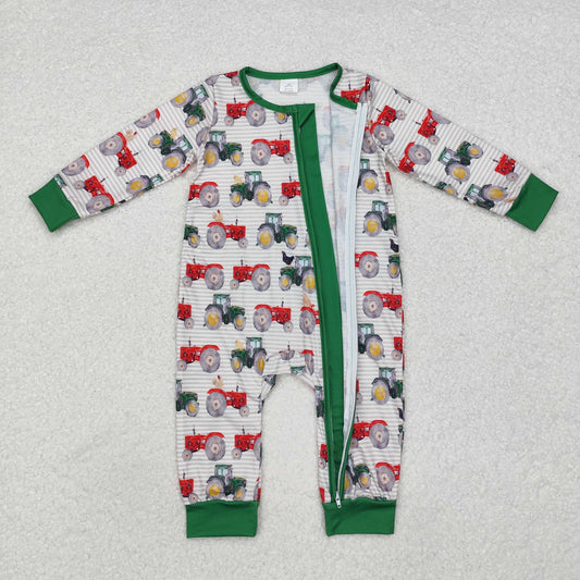 LR1480 Baby Infant Boys Farm Tractors Zip Long Sleeve Bamboo Romper