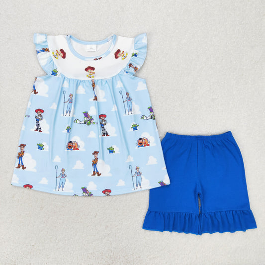 GT0592+SS0349 Girls cartoon white cloud short sleeve top blue lace shorts set