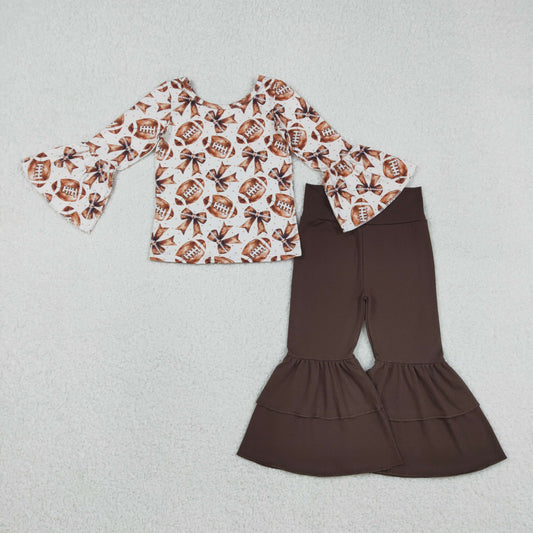 GLP2787 Baby Girls Ruffle Sleeve Footballs Bows Top Bell Bottom Pants Team Set C12.4