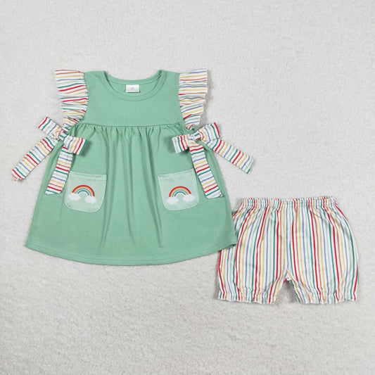 GSSO0596 Colorful striped lace bow rainbow flying sleeve shorts set