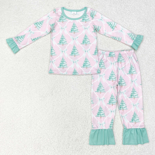 GLP1242 Bamboo Christmas tree bow Green lace pink long sleeve pants pajama set