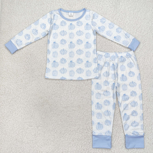 BLP0469 Bamboo pumpkin blue and white long-sleeved and long-pants pajama set