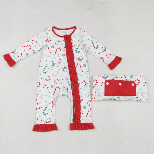 LR1842 Baby Infant Girls Christmas Candy Cane Red lLace Long Sleeve Zip Romper