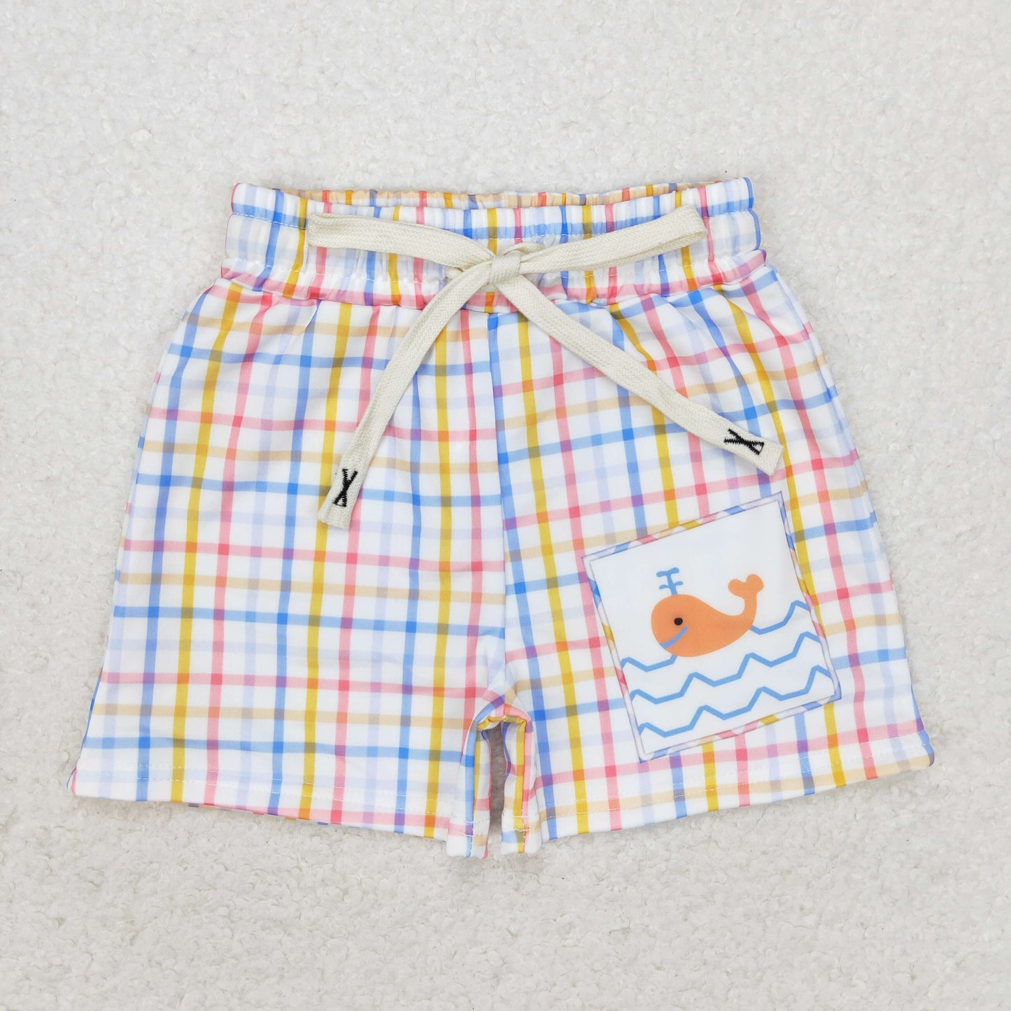 S0400 Whale blue and yellow checkered swim trunks