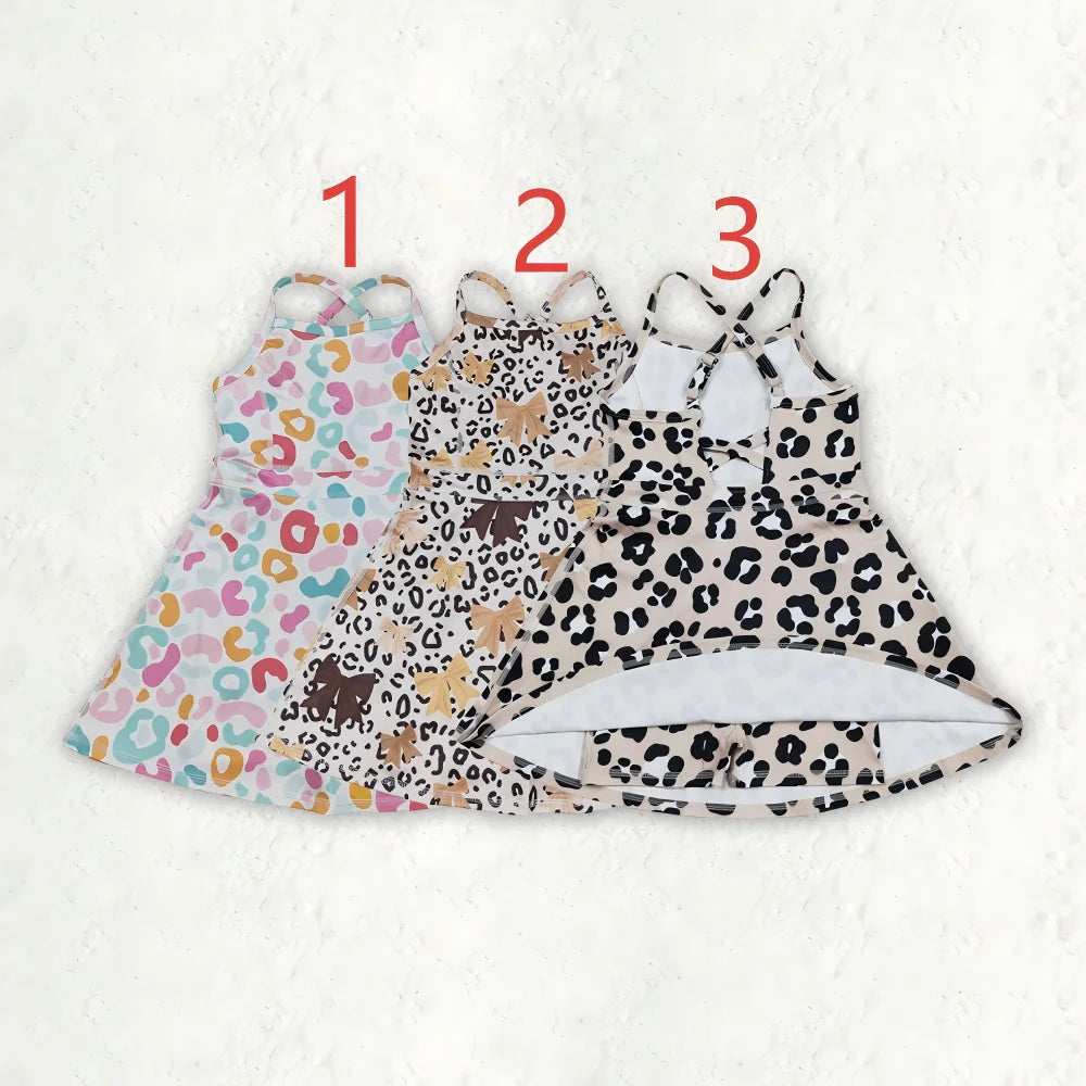 Sibling 3 Colors Baby Girls Colorful Leopard Shorts Yoga Active Knee Length Dresses Set C8.21