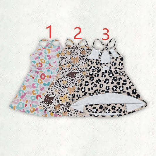 Sibling 3 Colors Baby Girls Colorful Leopard Shorts Yoga Active Knee Length Dresses Set C8.21