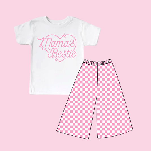 C12.12 GSPO2249 Baby Girls Mama's Bestie Heart Top Pink Checked Flare Pants Clothes Sets Preorder