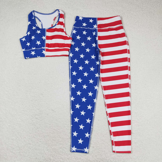 GSPO1486 4th of July Adult women Stars Red and White striped sleeveless pants Yoga suit