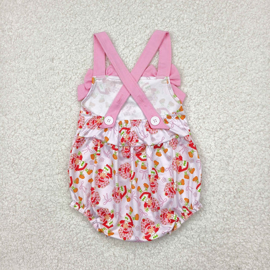 SR2933 Baby Infant Girls Pink Bows Strap Bows Strawberry Ruffle Romper 4.18