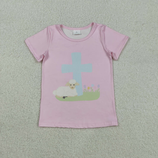 GT1394 Baby Girls Pink Short Sleeve Cross Sheep Easter T-shirts Top C11.27