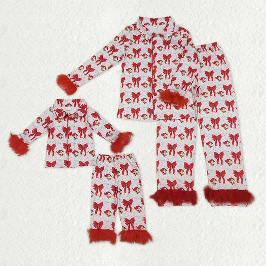 Mommy&Me Red Bows Santa Button Top Pants Christmas Fur Pajamas Sets C10.10
