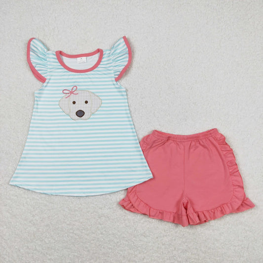 Sibling Baby Girls Stripes Bows Dog Tunic Top Ruffle Shorts Clothes Sets 5.20