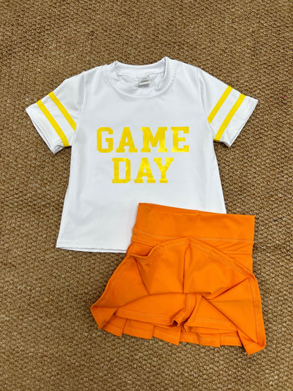GT1115+GLK0109 Baby Girls Vinyl Yellow Game Day Top Orange Pleated Skorts Yoga Active Team Set C8.23