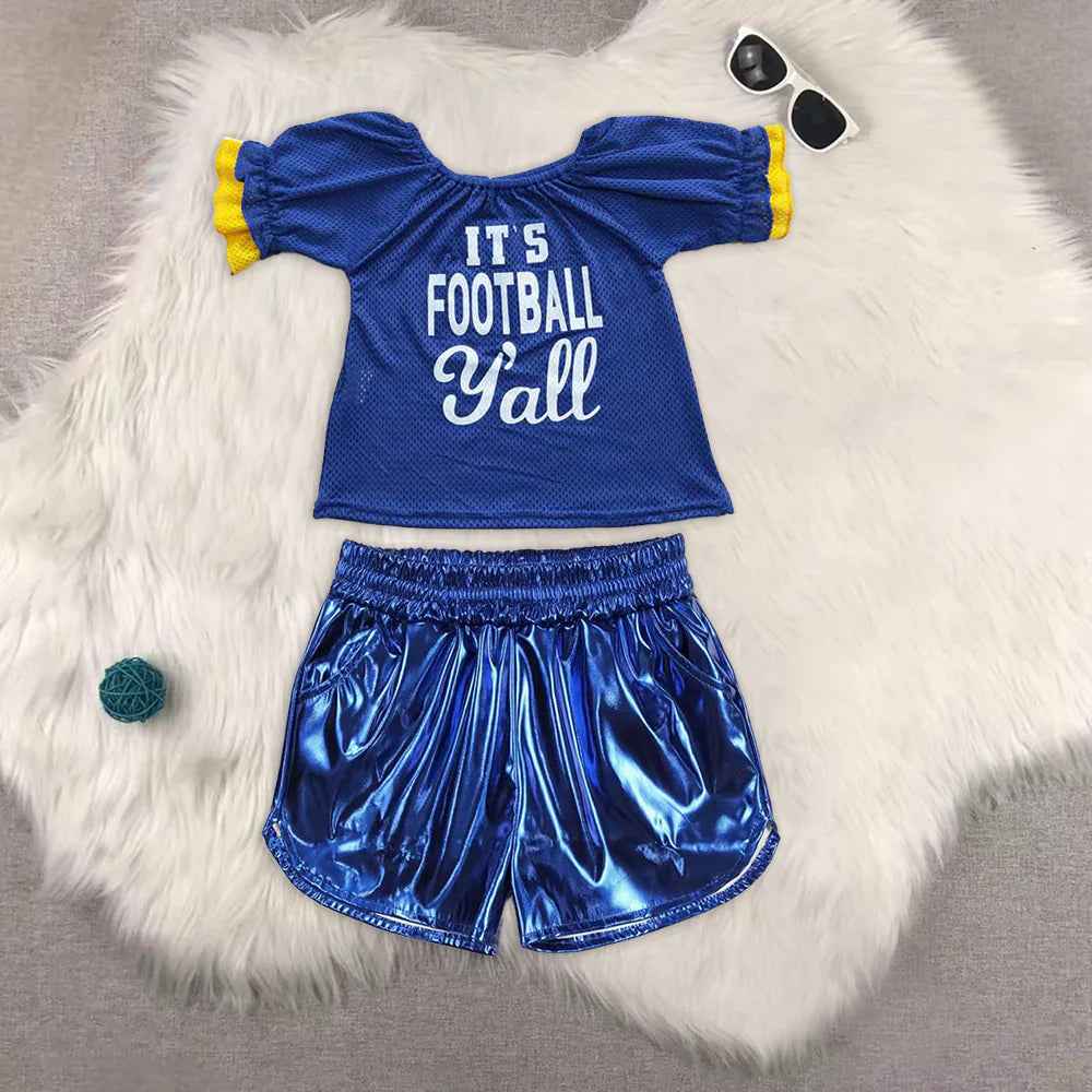 GT0273+SS0409 Baby Girls Blue Cheer Football Team Tops Leather Shorts Clothes Set 5.5