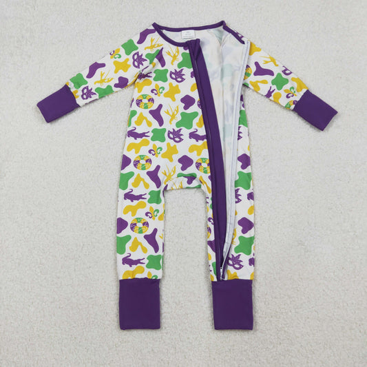 LR2637 Baby Boys Purple Yellow Green Camo Crayfishes Mardi Gras Zipper Footie Romper C10.14
